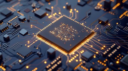 Minimalist Artificial Intelligence Micro Chip on Modern Blue Circuit Board with Clean Lines and Simple Patterns