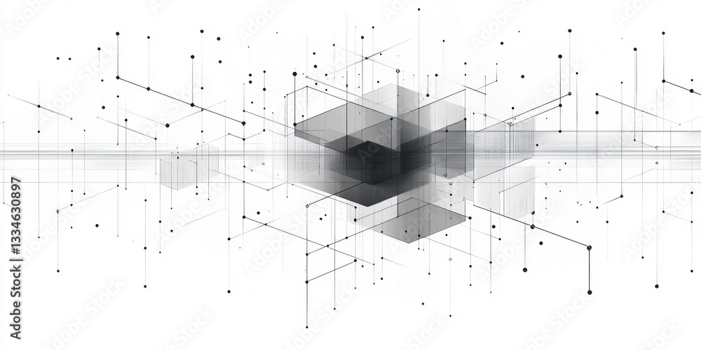 Poster abstract minimalist technology illustration with geometric patterns lines dots and isometric perspec