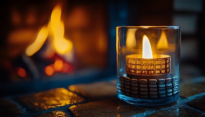A small lit candle stands before a burning fireplace