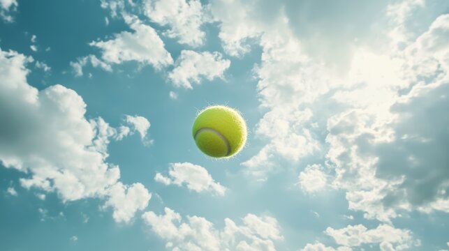 Tennis ball flying against sky filled with fluffy clouds