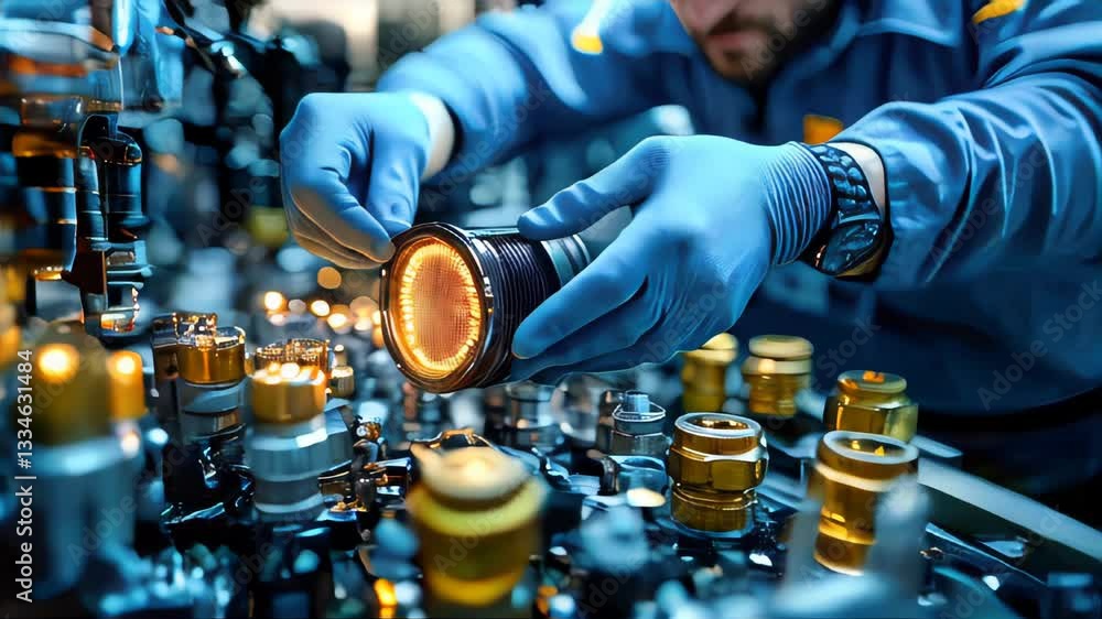 Poster a technician wearing gloves assembles a glowing industrial component in a high-tech workshop