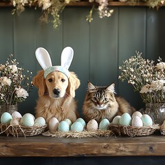 A golden retriever and a cat with easter eggs and decorations