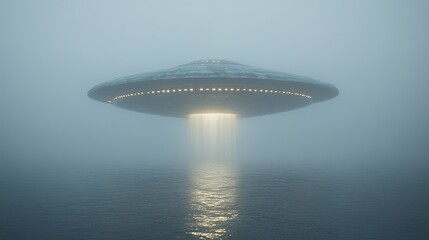 A mysterious flying saucer hovers over the misty ocean waters