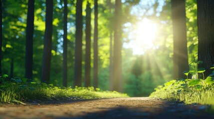 Fototapeta premium A serene forest scene with sunlight filtering through lush green trees, illuminating a dirt path.