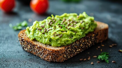 Creamy avocado spread on whole grain bread topped with seeds, garnished with herbs. healthy and delicious snack option, perfect for breakfast or brunch