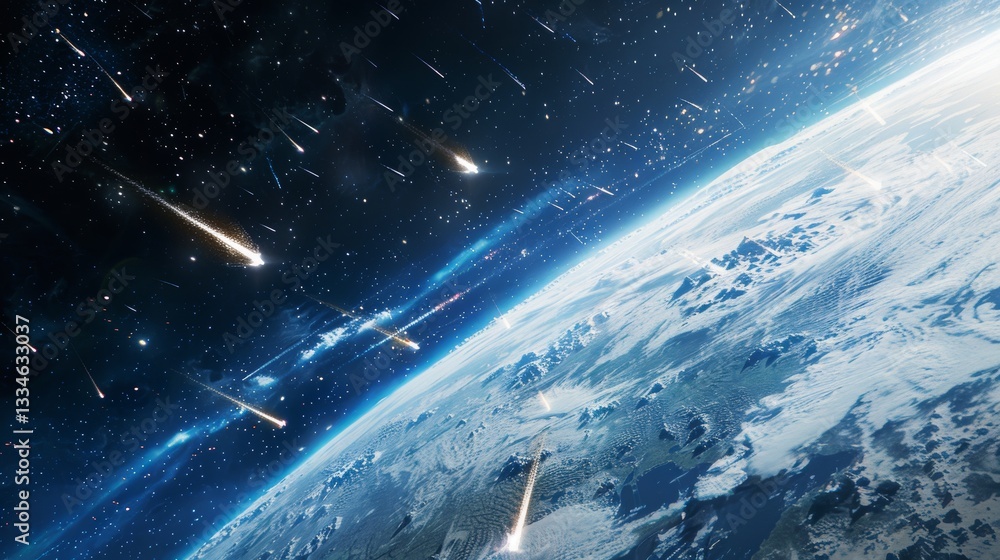 Poster dramatic space view of planet earth undergoing a massive meteor shower with fiery comets and asteroi