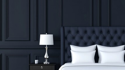 Elegant bedroom interior with dark walls, luxurious bed, and modern lamp