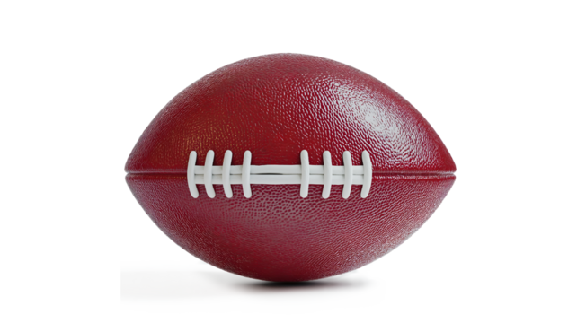 A football with white laces and a red and white stripe. The ball is sitting on a white background