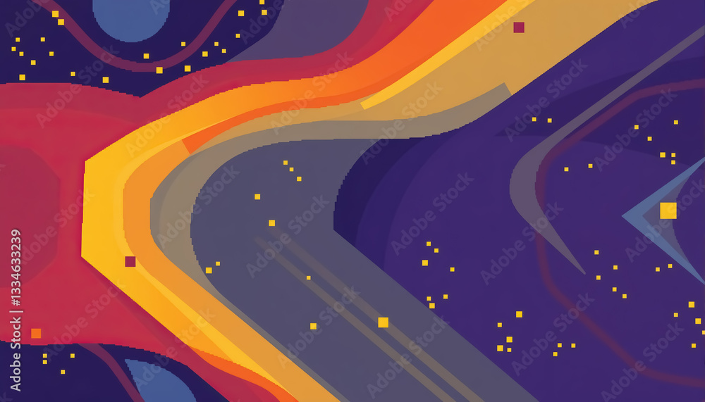 Poster abstract depiction of cosmic flow with pixelated stars vibrant hues and modern design elements