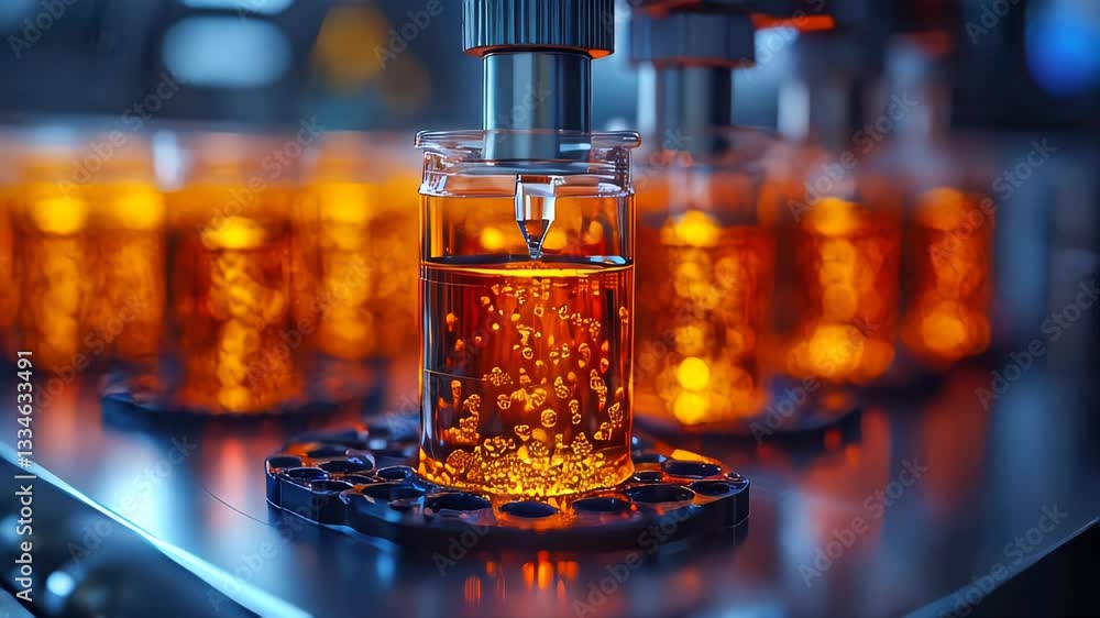 Poster high-tech laboratory with automated pipetting machine filling vials with a glowing orange liquid