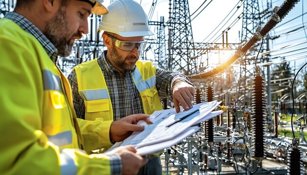 Two engineers reviewing plans at a high voltage power station