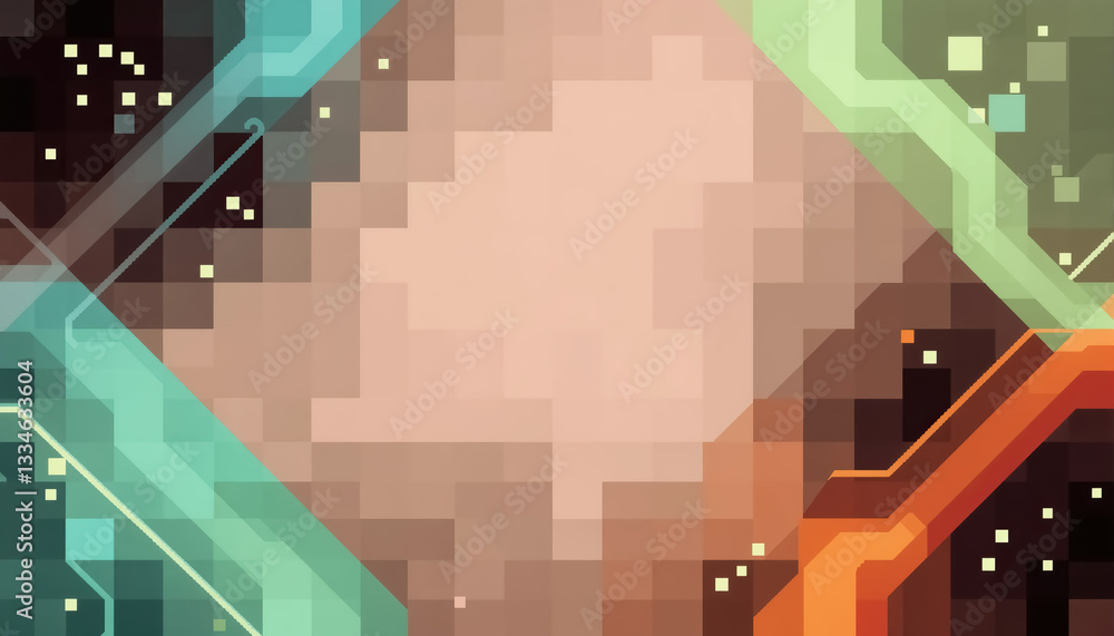Poster abstract pixelated circuit board with geometric shapes in teal green and orange hues