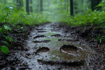 Close up of trail of footprints in muddy forest path, surrounded by lush greenery and mist. scene evokes sense of adventure and exploration in nature
