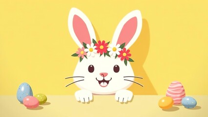 Easter bunny greeting card. Easter bunny with a wreath on his head on a yellow background. Banner