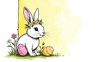 Easter bunny greeting card. Easter bunny with a wreath on his head on a yellow background. Banner akvarel