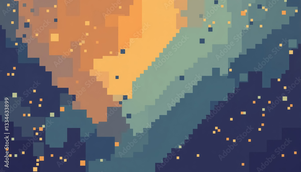 Poster pixelated sky gradients of orange teal and blue form abstract blocky celestial scene