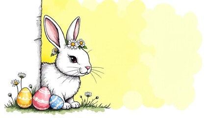 Easter bunny greeting card. Easter bunny with a wreath on his head on a yellow background. Banner akvarel