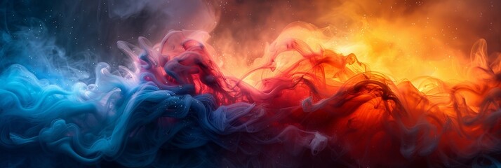 Fototapeta premium Dramatic swirling liquid effect of blue and orange resembling smoke, with tiny particles evoking an atmosphere of abstract energy and cosmic beauty