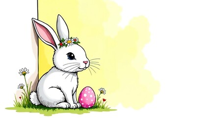 Easter bunny greeting card. Easter bunny with a wreath on his head on a yellow background. Banner akvarel