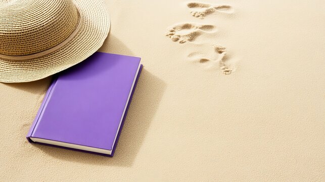 Purple book and straw hat on sandy beach with footprints in warm sunlight - Powered by Adobe
