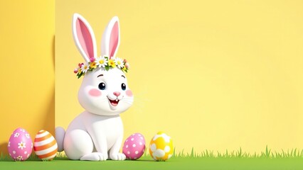 Easter bunny greeting card. Easter bunny greeting card. Easter bunny with a wreath on his head on a yellow background. Banner	