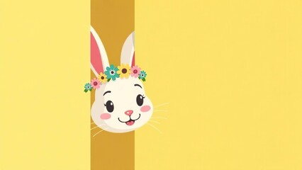 Easter bunny greeting card. Easter bunny greeting card. Easter bunny with a wreath on his head on a yellow background. Banner	