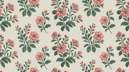 Fototapeta premium A seamless vintage floral pattern featuring delicate pink and orange flowers with lush green leaves on a soft cream-colored background