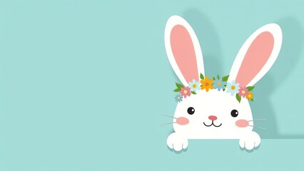 Easter bunny greeting card. blue background. Easter bunny with a wreath on his head on a blue background. Banner
