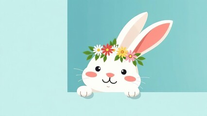 Easter bunny greeting card. Easter bunny with a wreath on his head on a blue background