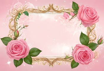 Delicate pink roses adorn an ornate golden frame, enhancing a soft pink backdrop that radiates romance. Ideal for expressing love and appreciation on memorable days Generative AI