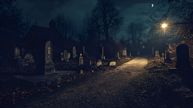 haunted forest, abandoned graveyard, sinister places, nightmare, complete darkness, horror ambience