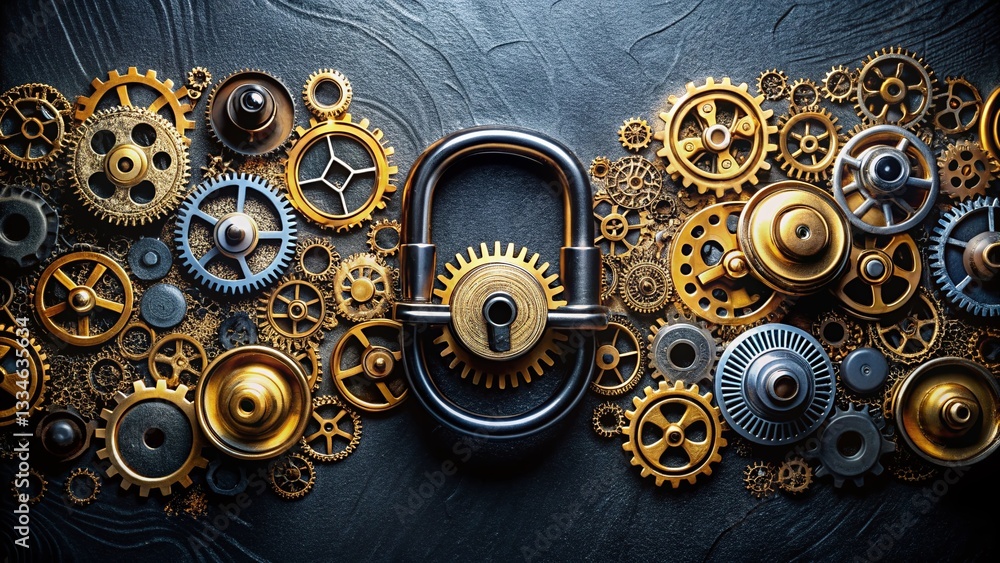 Aufkleber secure communication network: aerial view of round lock & gears on black background