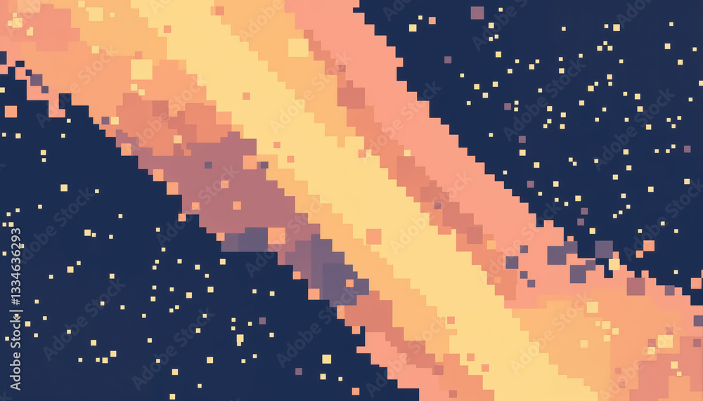 Poster retro pixel art depicts celestial body streaking across dark sky filled with shining pixels