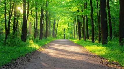 Fototapeta premium A serene forest path lined with vibrant green trees, inviting tranquility and a connection with nature.