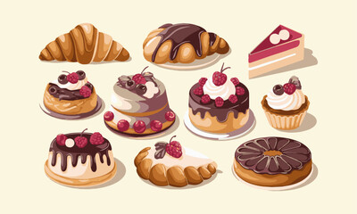  Modern vector-style illustration of various pastries and desserts, including croissants, cakes, tarts, and other baked goods, easily editable.