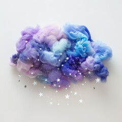 Fototapeta premium Dreamy cloudscape crafted from layers of soft tulle fabric in shades of blue and purple, adorned with sparkling glitter and delicate hanging star ornaments against a pristine white backdrop