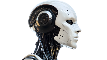 A robot with a white face and black ears. The robot is wearing headphones