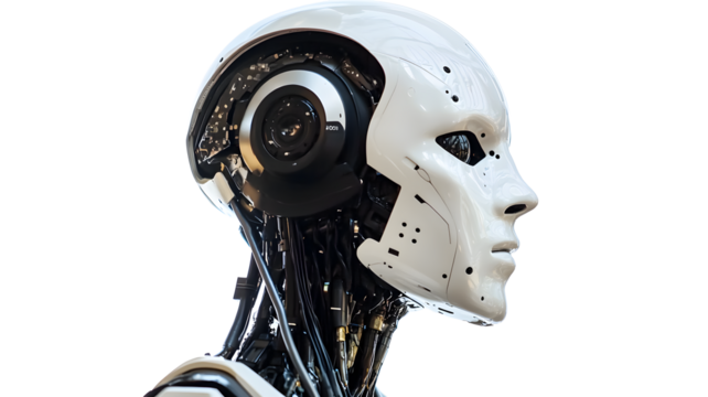 A robot with a white face and black ears. The robot is wearing headphones