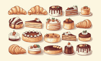  Modern vector-style illustration of various pastries and desserts, including croissants, cakes, tarts, and other baked goods, easily editable.