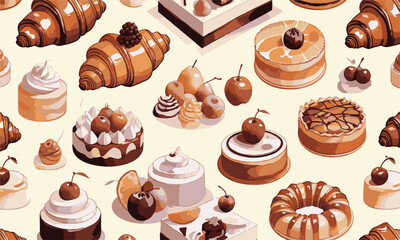  Modern vector-style illustration of various pastries and desserts, including croissants, cakes, tarts, and other baked goods, easily editable.