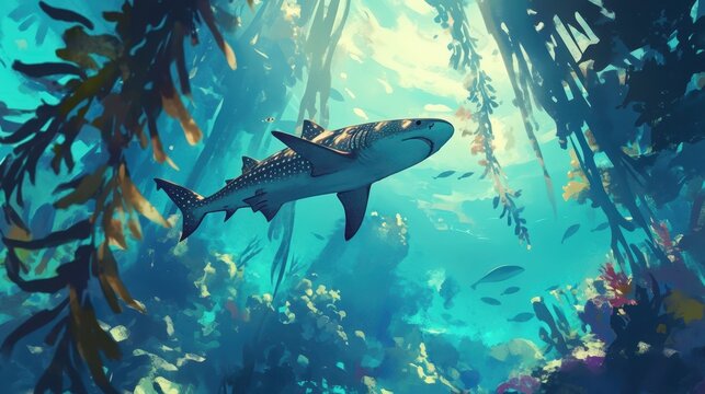 A spotted leopard shark swimming through kelp forests.