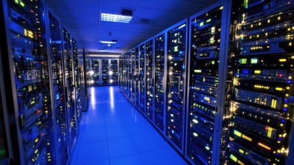 Server Room Corridor with Lit Equipment