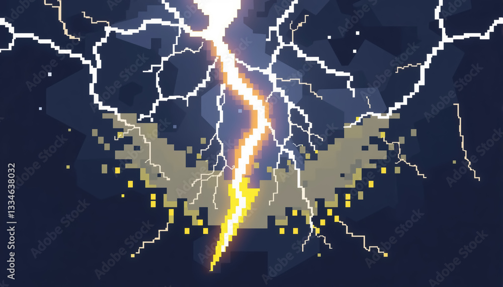 Poster stylized lightning strikes with pixelated effects capturing power of nature in digital art form