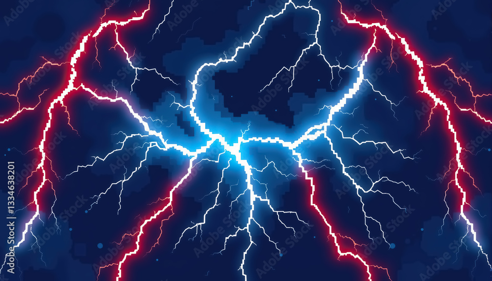 Poster abstract illustration of clash between red and blue lightning set against dark backdrop