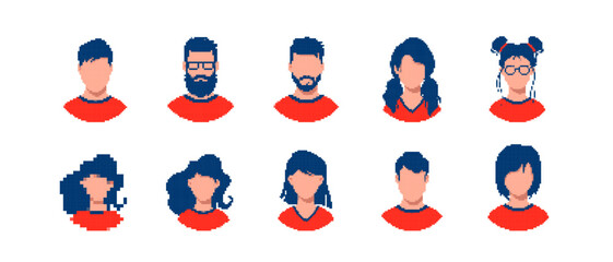 Fototapeta premium Pixel art showing various faces with different hairstyles and accessories in a colorful style.