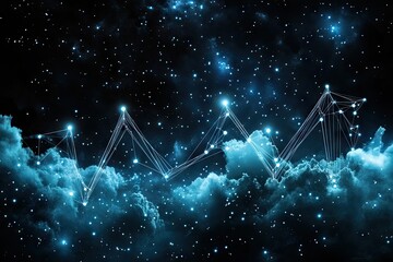 Cosmic data network.  Starry night sky with glowing lines and clouds