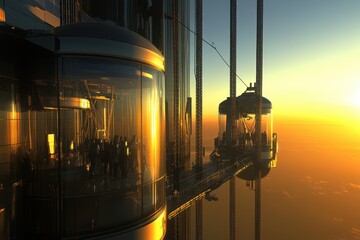 Sunset view from observation deck at skyscraper overlooking city skyline