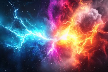 Epic abstract background featuring colorful lightning and flames, an explosion of energy. A dreamy dark sky with bright glowing lightning and colorful nebulae in space. A magical concept.