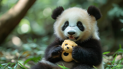 Obraz premium playful panda cub holds small teddy bear while sitting in lush forest, surrounded by greenery. cub curious expression adds charm to serene natural setting