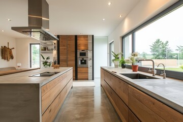 Minimalist Kitchen with Neutral Color Scheme and Natural Light on the Right Side with Concrete Floor and White Walls